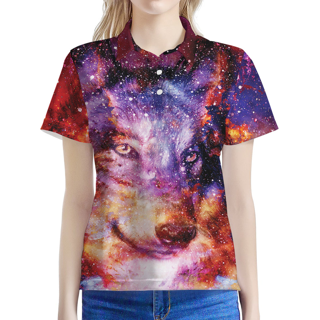 Galaxy Wolf Portrait Print Women's Polo Shirt