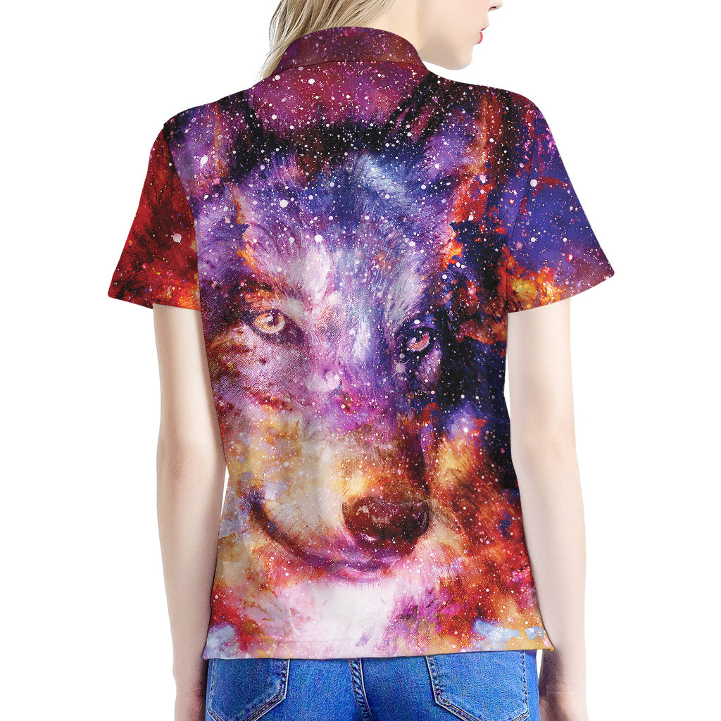 Galaxy Wolf Portrait Print Women's Polo Shirt