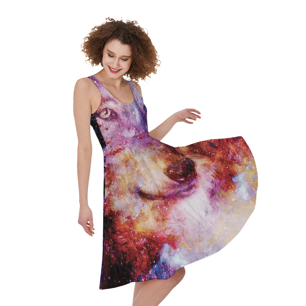 Galaxy Wolf Portrait Print Sleeveless Knee Length Dress – GearFrost