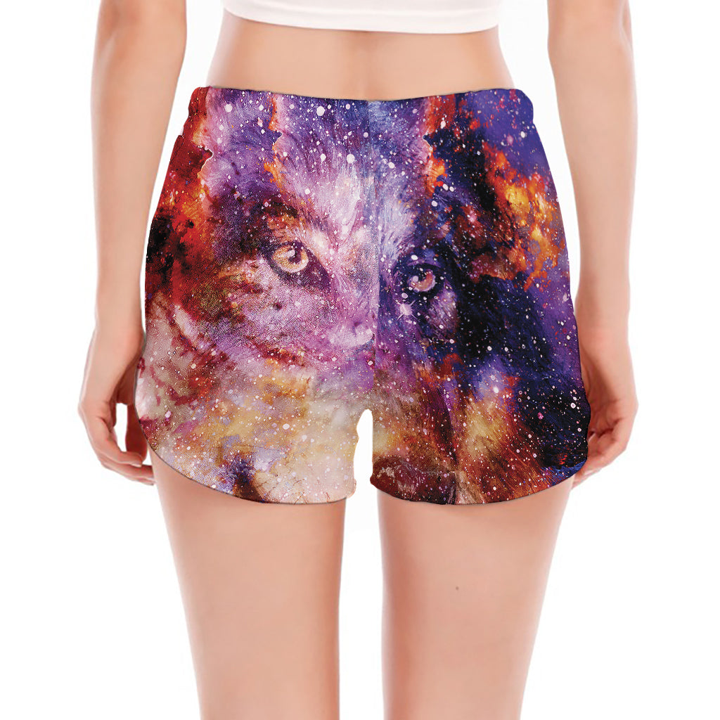 Galaxy Wolf Portrait Print Women's Split Running Shorts