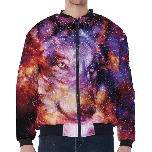 Galaxy Wolf Portrait Print Zip Sleeve Bomber Jacket