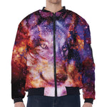 Galaxy Wolf Portrait Print Zip Sleeve Bomber Jacket