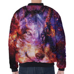 Galaxy Wolf Portrait Print Zip Sleeve Bomber Jacket