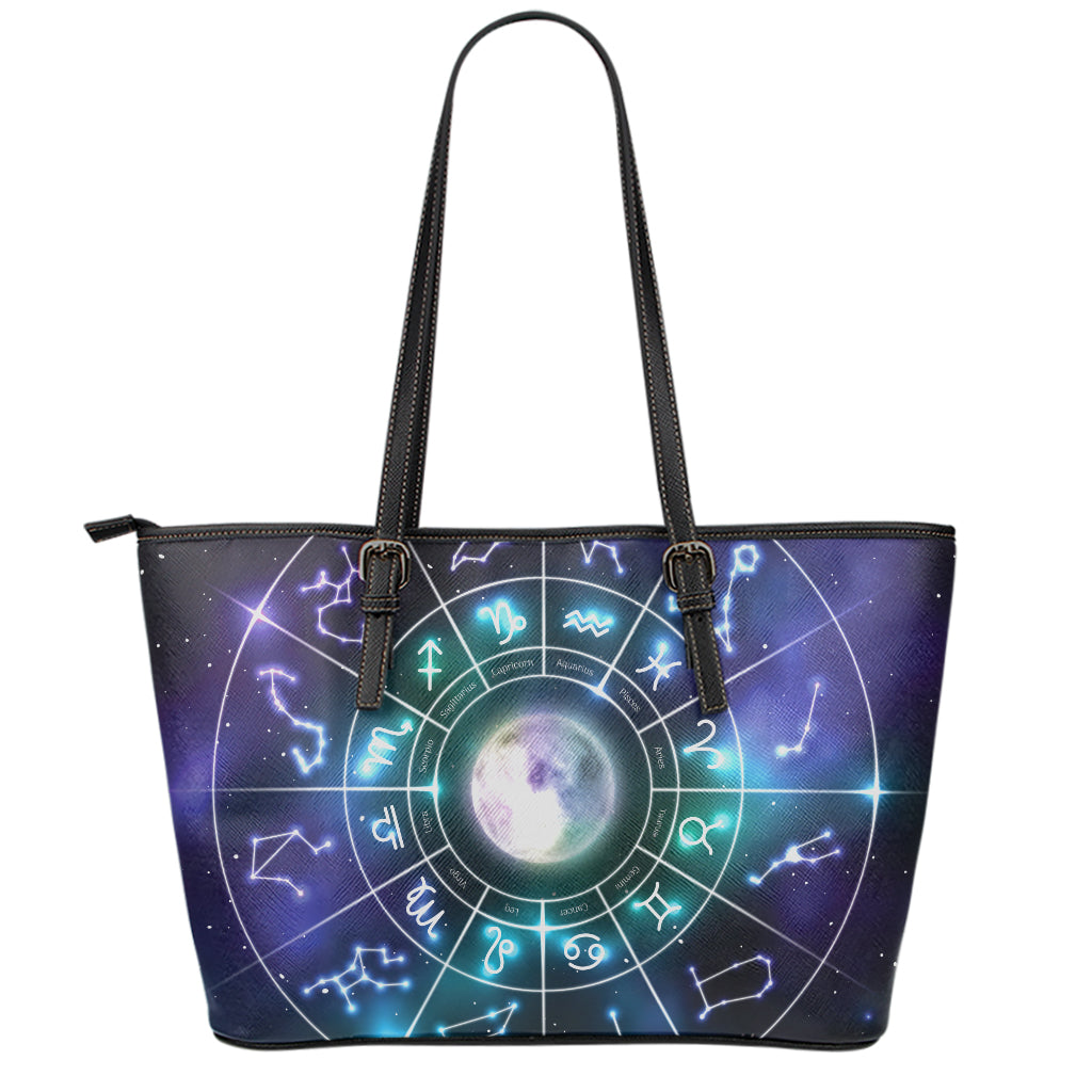 Galaxy Zodiac Wheel Print Leather Tote Bag