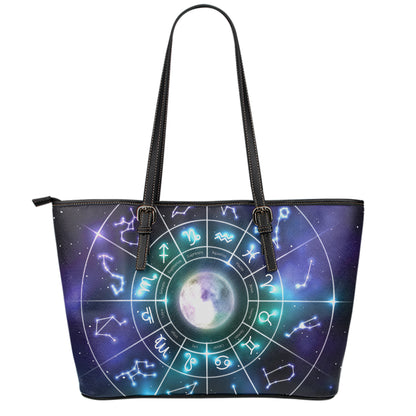 Galaxy Zodiac Wheel Print Leather Tote Bag