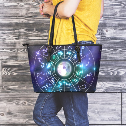 Galaxy Zodiac Wheel Print Leather Tote Bag