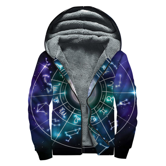 Galaxy Zodiac Wheel Print Sherpa Lined Zip Up Hoodie