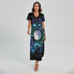 Galaxy Zodiac Wheel Print Short Sleeve Maxi Dress