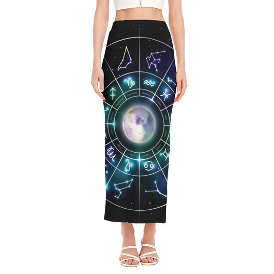 Galaxy Zodiac Wheel Print Side Slit Maxi Skirt