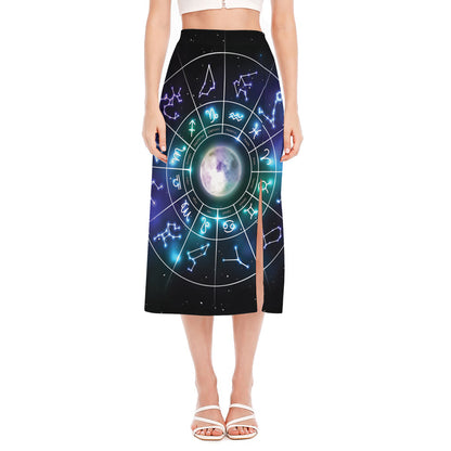 Galaxy Zodiac Wheel Print Side Slit Midi Skirt