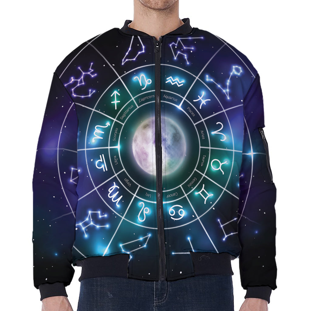 Galaxy Zodiac Wheel Print Zip Sleeve Bomber Jacket