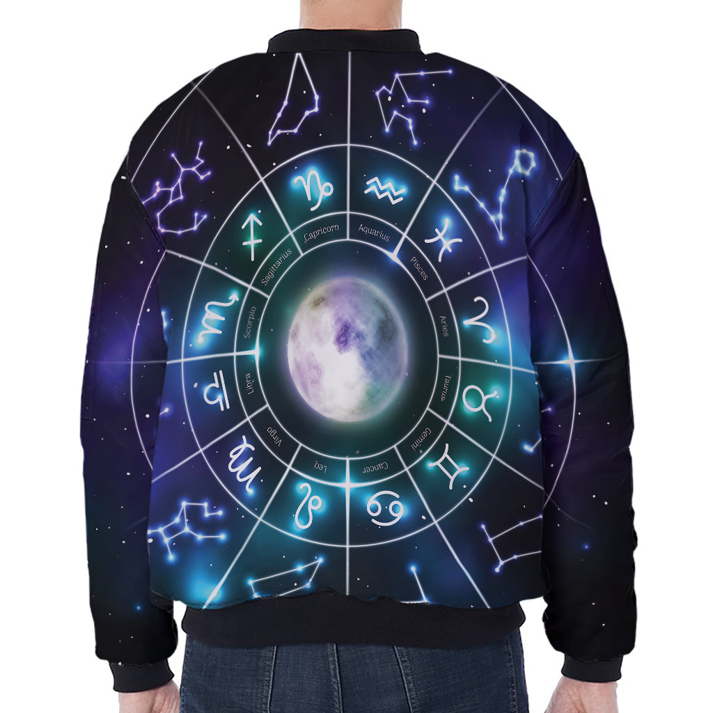 Galaxy Zodiac Wheel Print Zip Sleeve Bomber Jacket