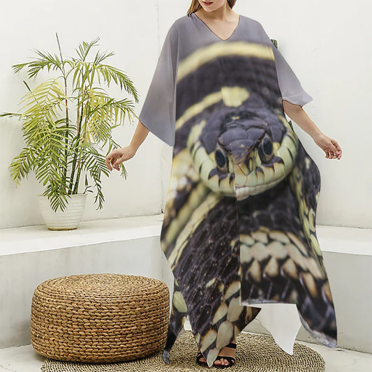 Garter Snake Print Silk V-Neck Kaftan Dress
