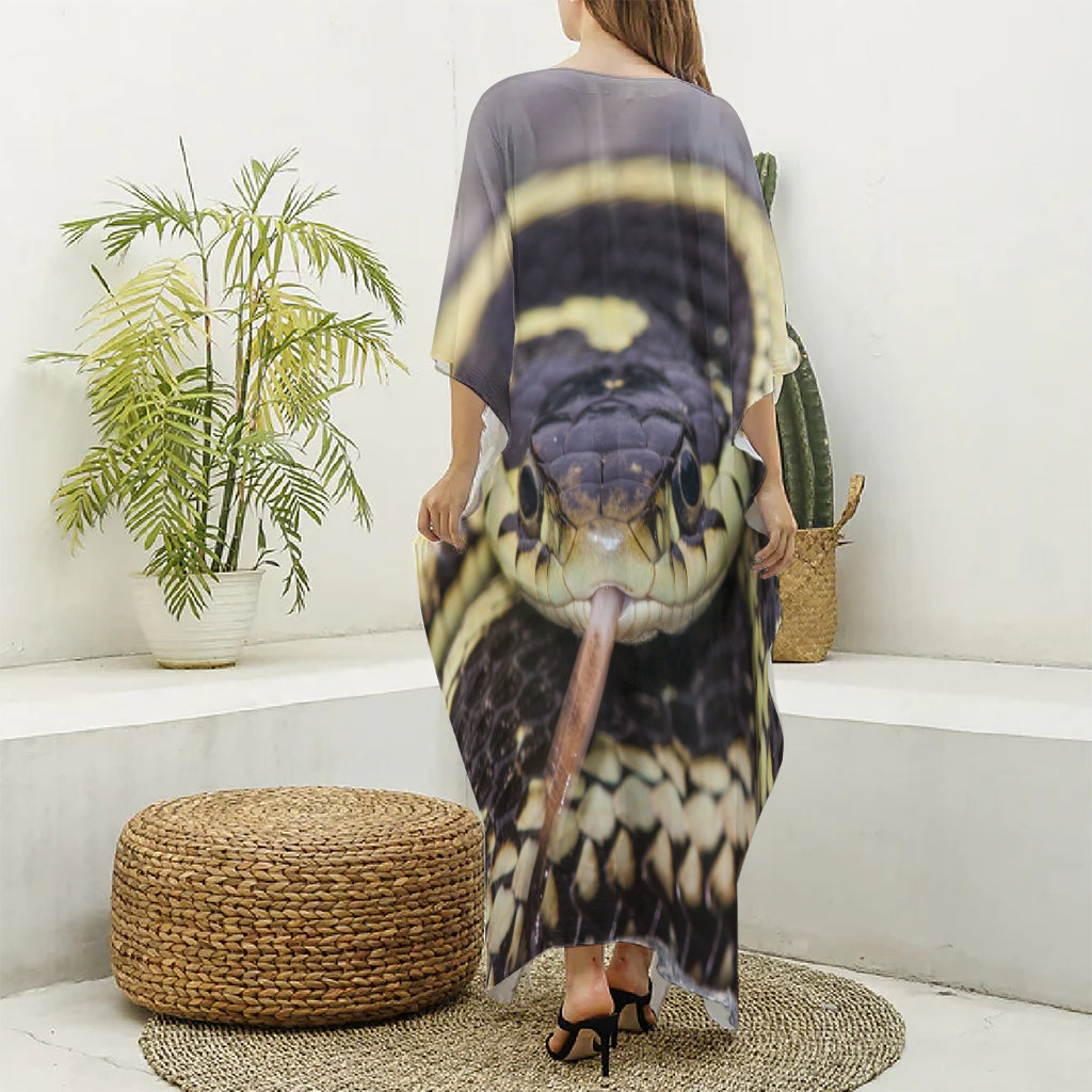Garter Snake Print Silk V-Neck Kaftan Dress