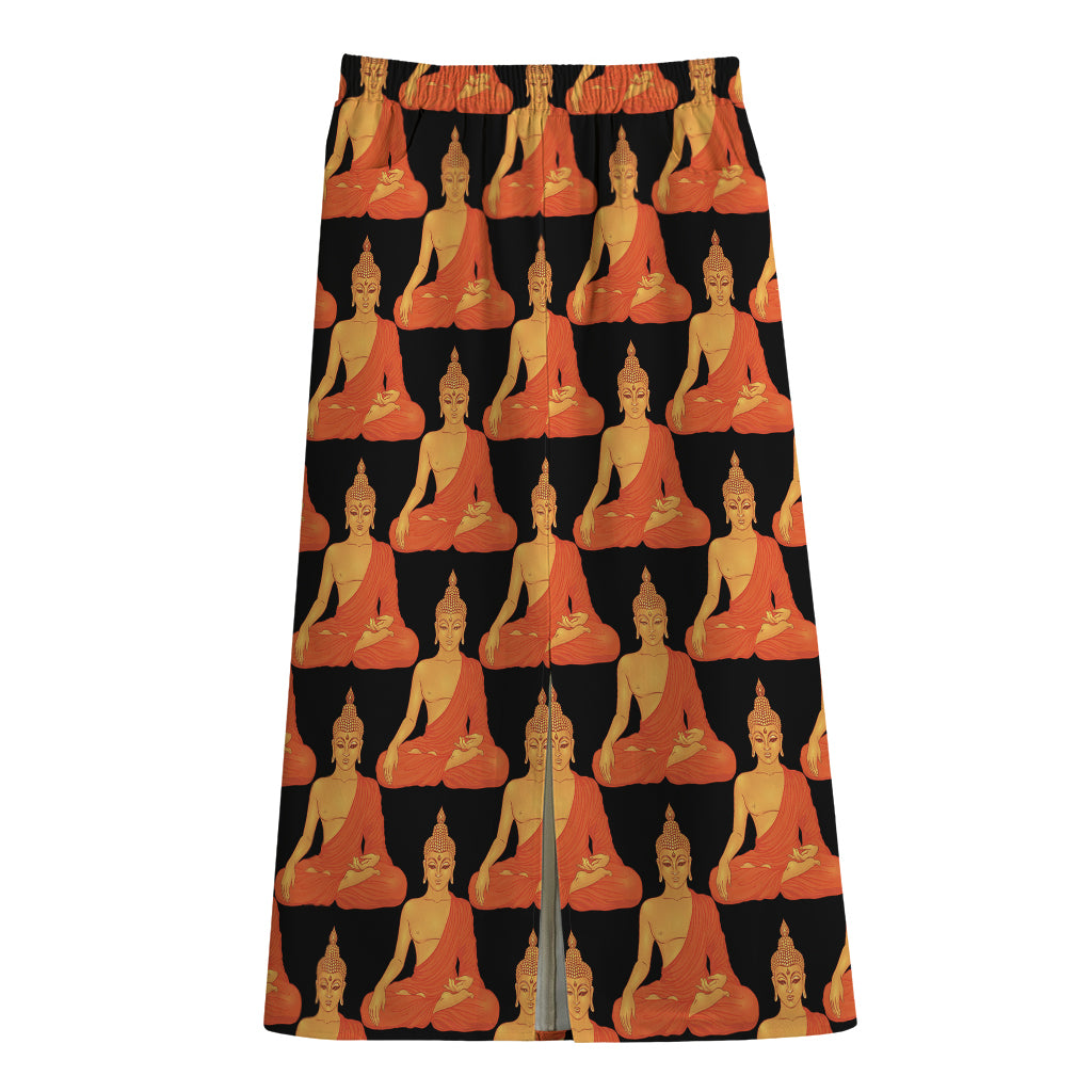 Gautama Buddha Pattern Print Cotton Front Slit Maxi Skirt