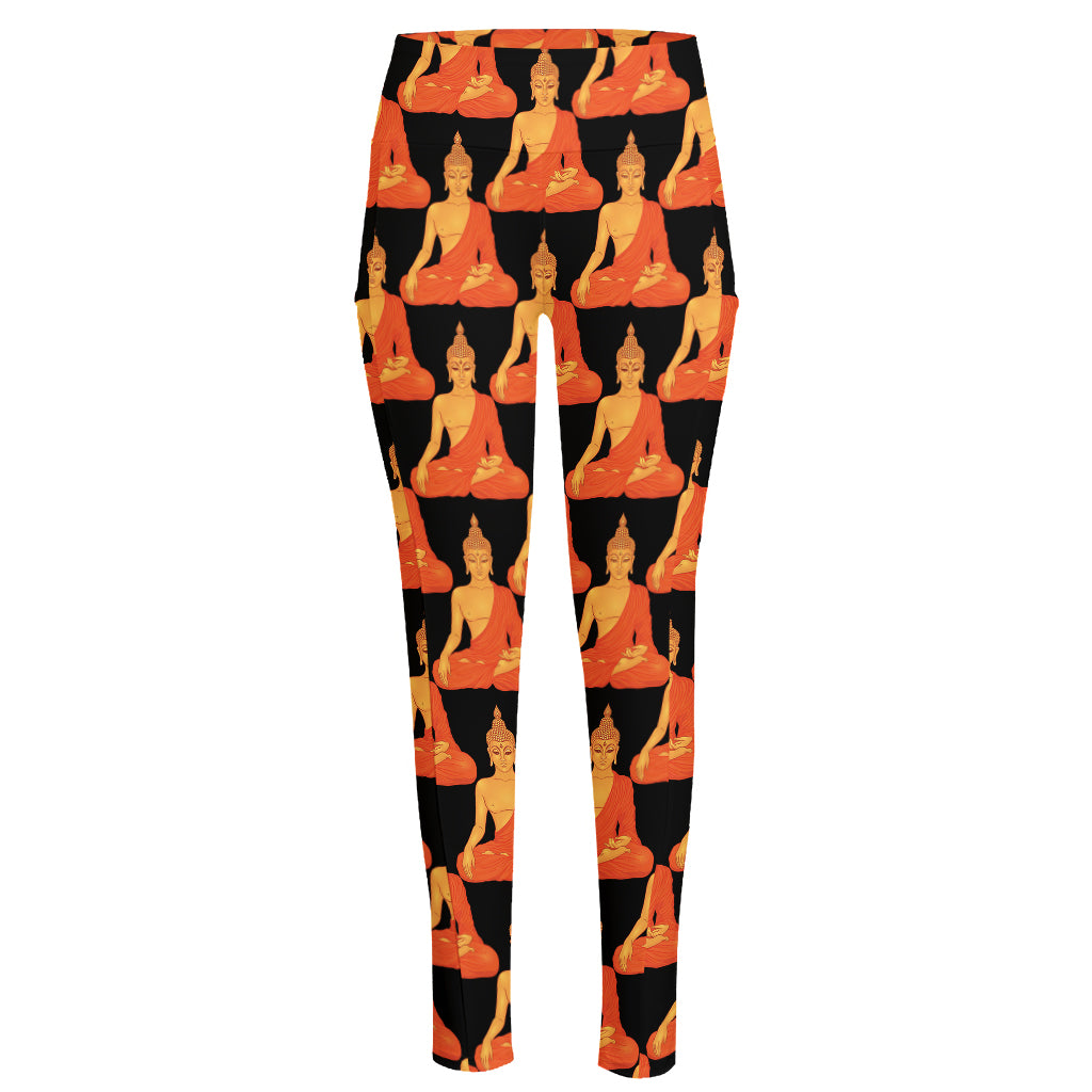 Gautama Buddha Pattern Print High-Waisted Pocket Leggings