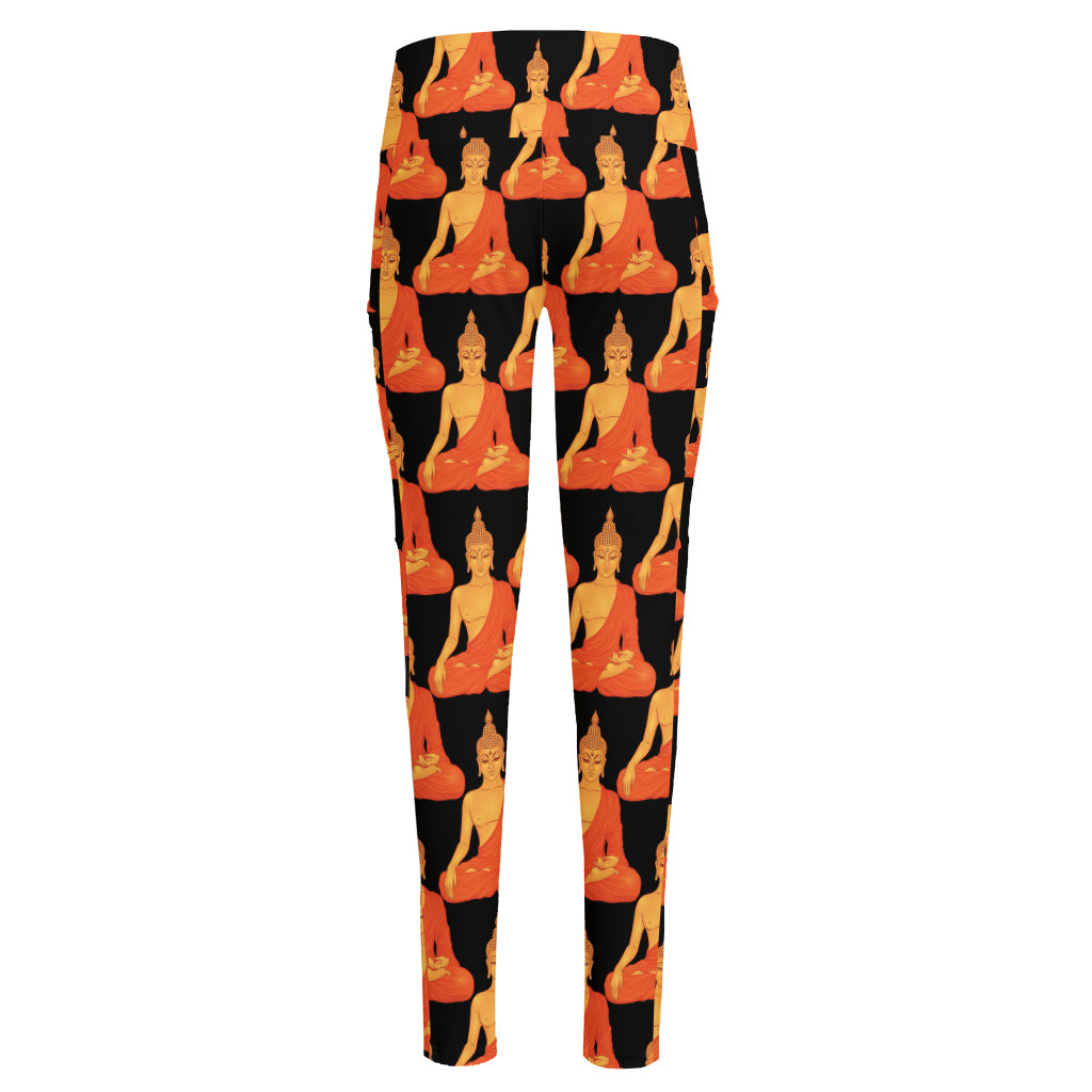 Gautama Buddha Pattern Print High-Waisted Pocket Leggings