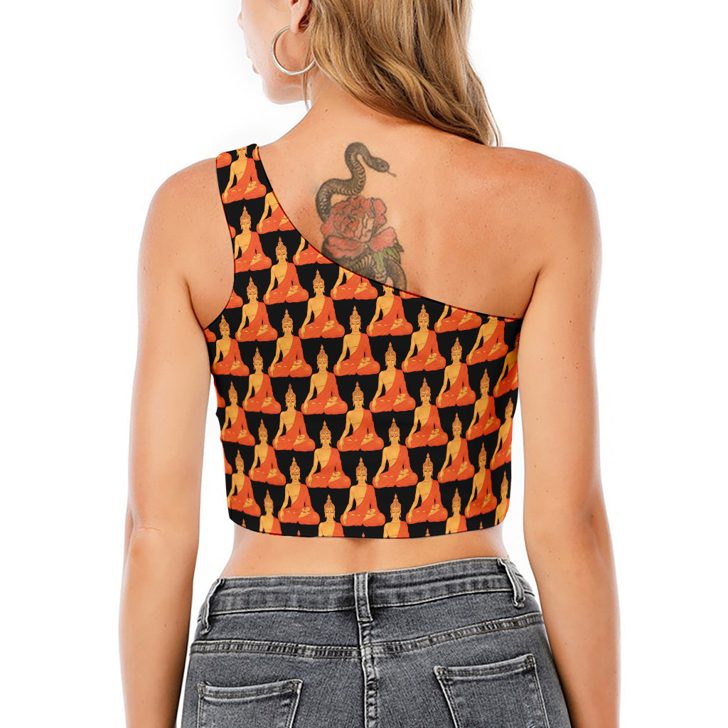 Gautama Buddha Pattern Print One Shoulder Crop Top