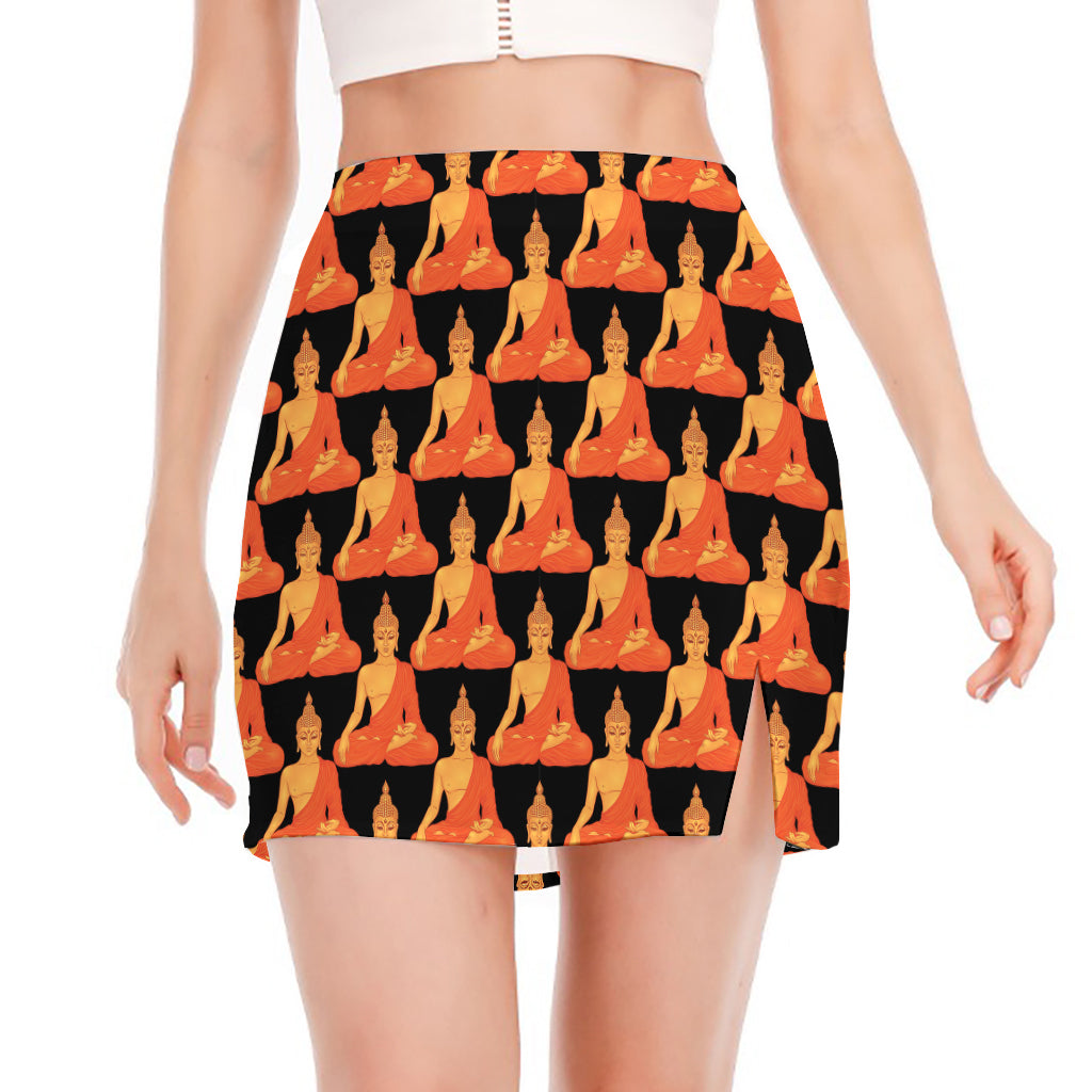 Gautama Buddha Pattern Print Side Slit Mini Skirt