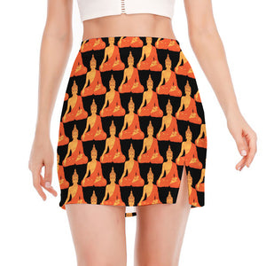 Gautama Buddha Pattern Print Side Slit Mini Skirt