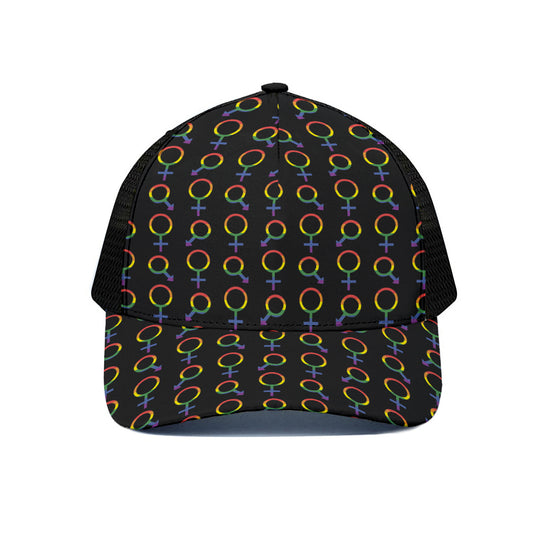 Gay Pride Gender Symbol Pattern Print Black Mesh Trucker Cap