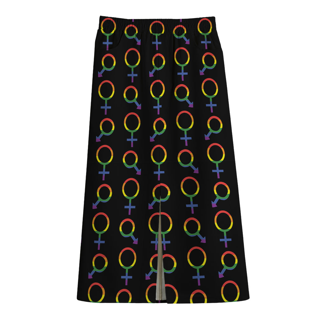 Gay Pride Gender Symbol Pattern Print Cotton Front Slit Maxi Skirt