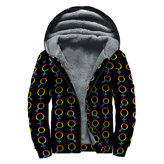 Gay Pride Gender Symbol Pattern Print Sherpa Lined Zip Up Hoodie