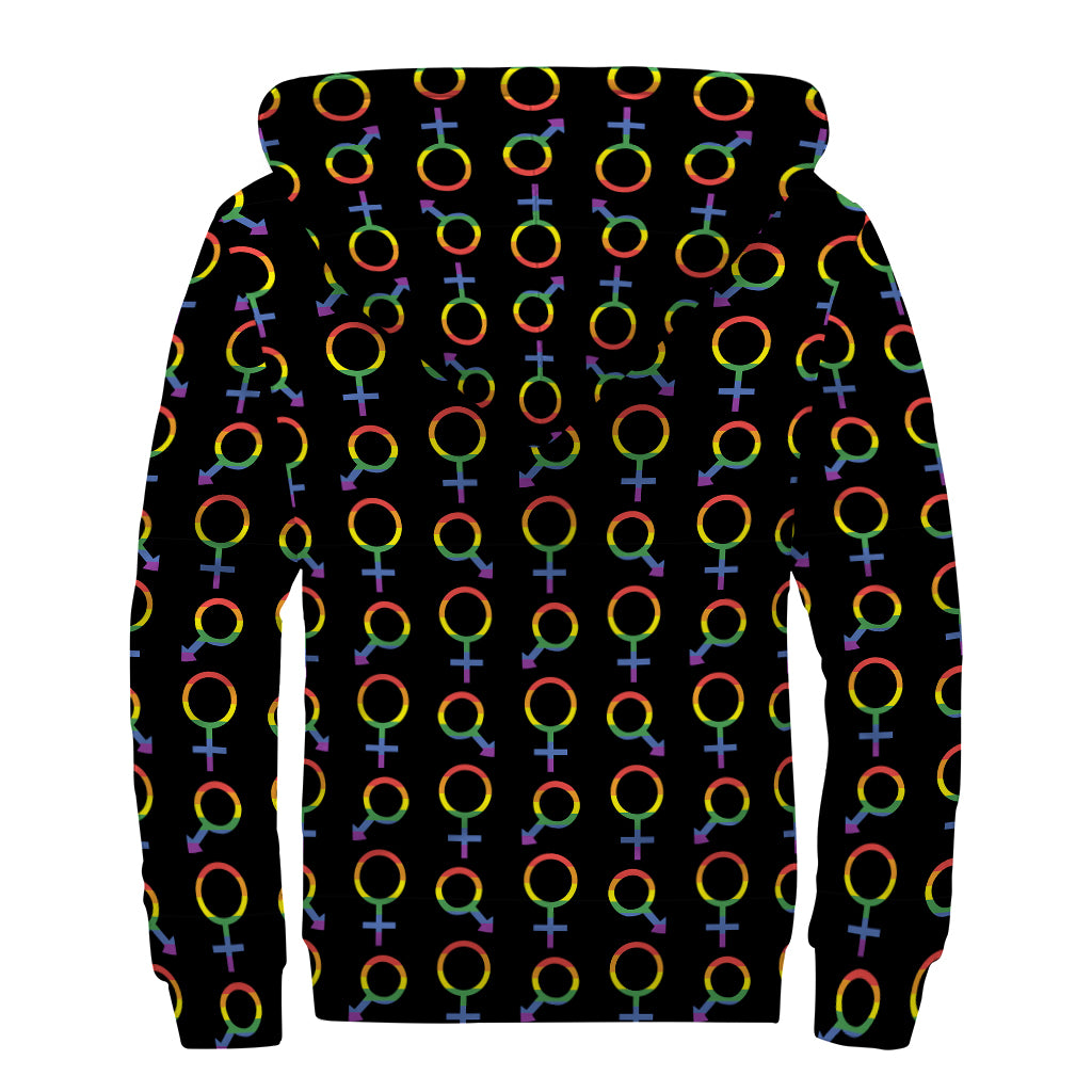 Gay Pride Gender Symbol Pattern Print Sherpa Lined Zip Up Hoodie