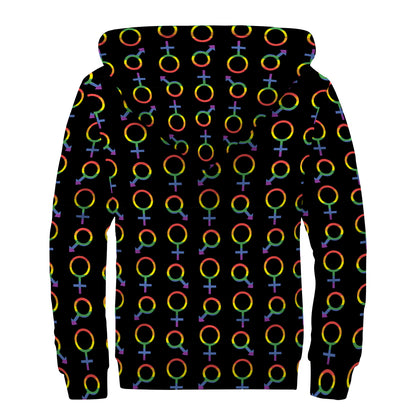 Gay Pride Gender Symbol Pattern Print Sherpa Lined Zip Up Hoodie