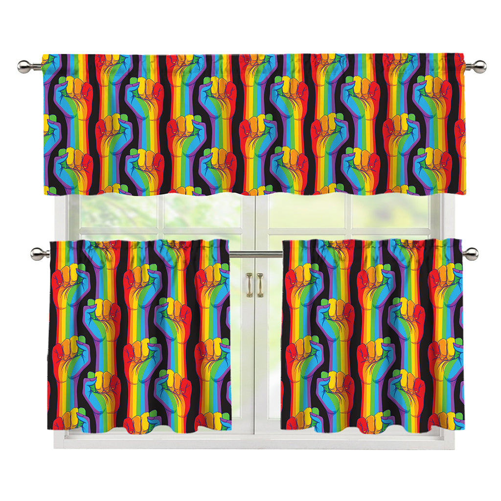 Gay Pride Hand Sign Pattern Print 3 Piece Kitchen Curtains