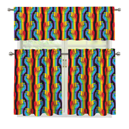 Gay Pride Hand Sign Pattern Print 3 Piece Kitchen Curtains