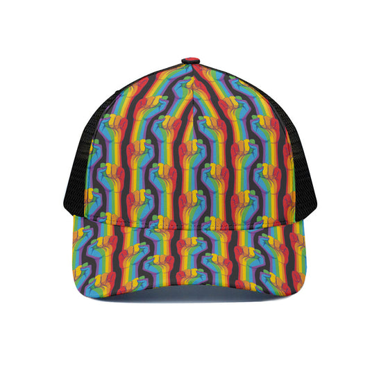 Gay Pride Hand Sign Pattern Print Black Mesh Trucker Cap