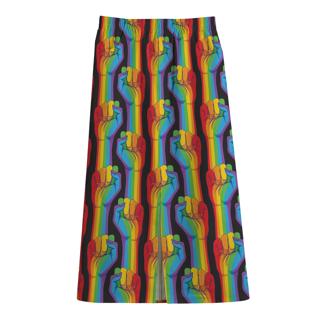 Gay Pride Hand Sign Pattern Print Cotton Front Slit Maxi Skirt