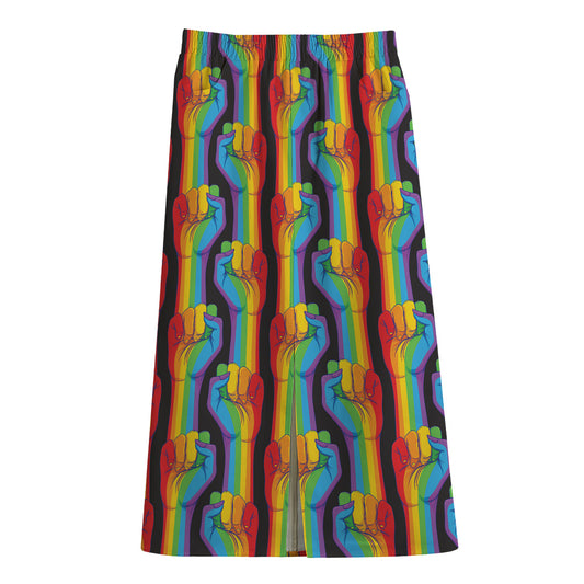 Gay Pride Hand Sign Pattern Print Cotton Front Slit Maxi Skirt
