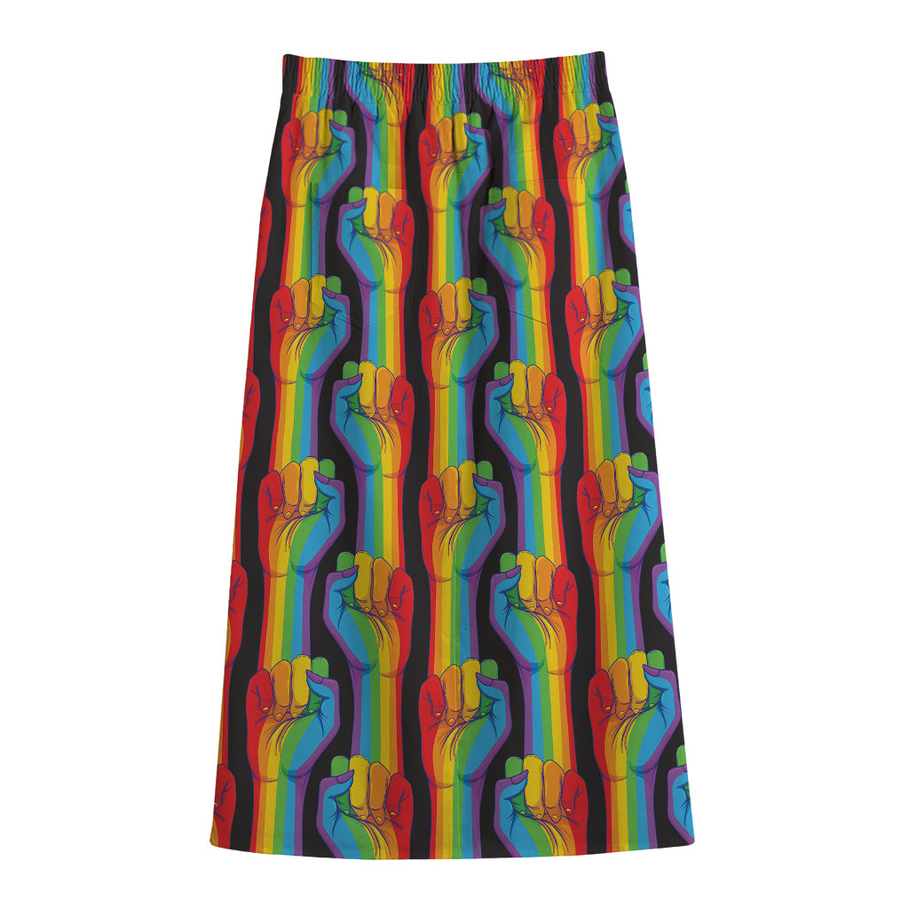 Gay Pride Hand Sign Pattern Print Cotton Front Slit Maxi Skirt