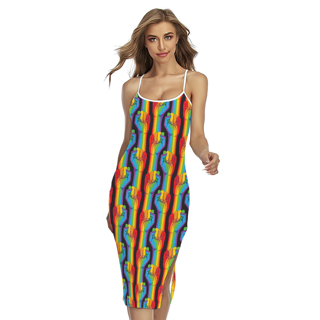 Gay Pride Hand Sign Pattern Print Cross Back Cami Dress