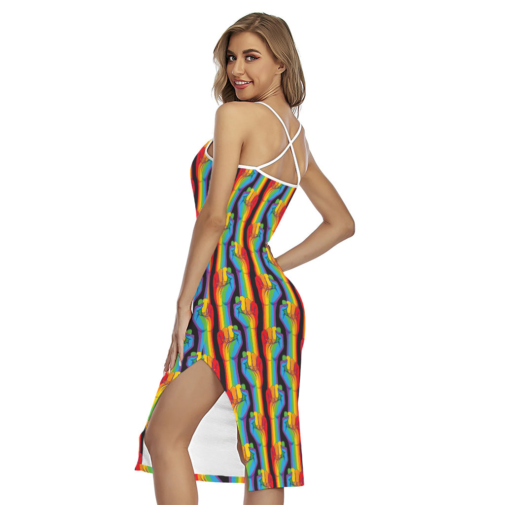 Gay Pride Hand Sign Pattern Print Cross Back Cami Dress