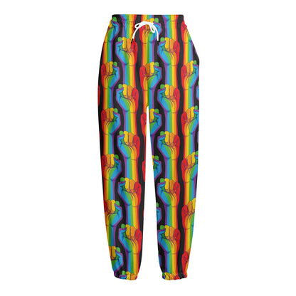 Gay Pride Hand Sign Pattern Print Fleece Lined Knit Pants