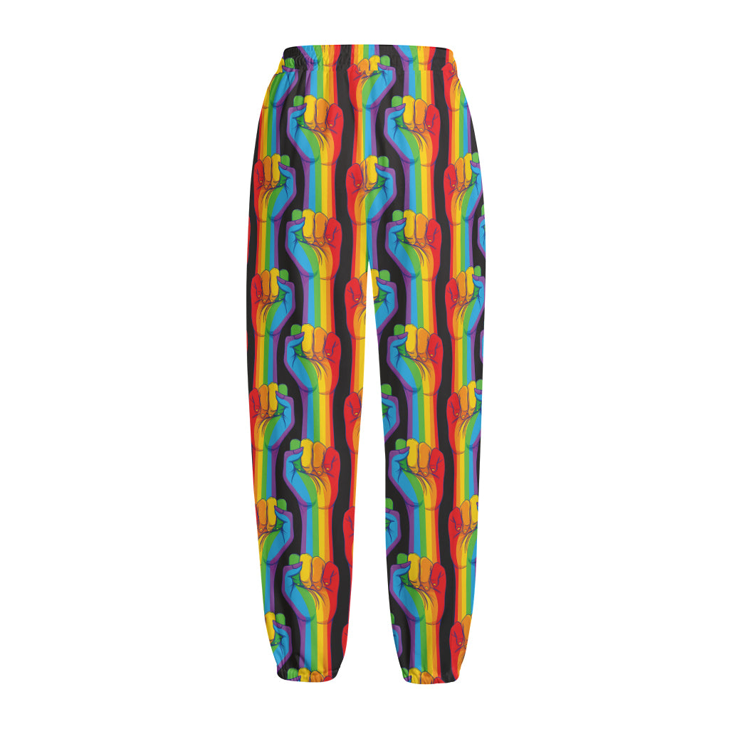 Gay Pride Hand Sign Pattern Print Fleece Lined Knit Pants