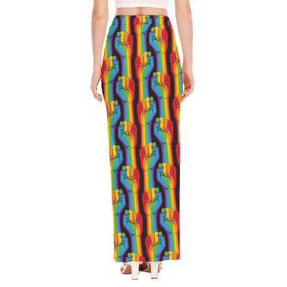 Gay Pride Hand Sign Pattern Print High Slit Maxi Skirt