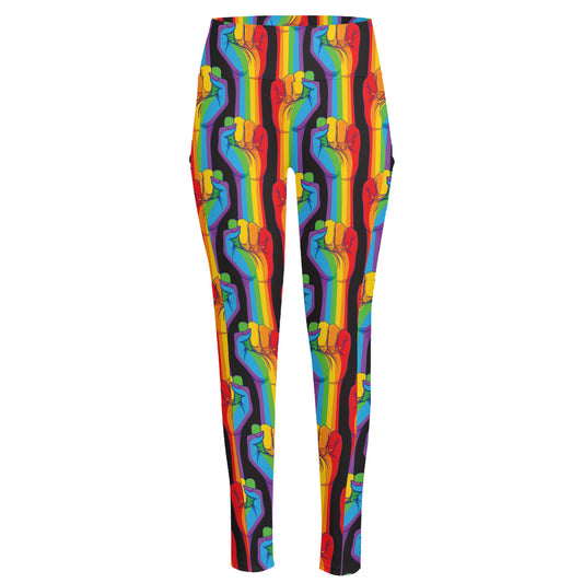 Gay Pride Hand Sign Pattern Print High-Waisted Pocket Leggings