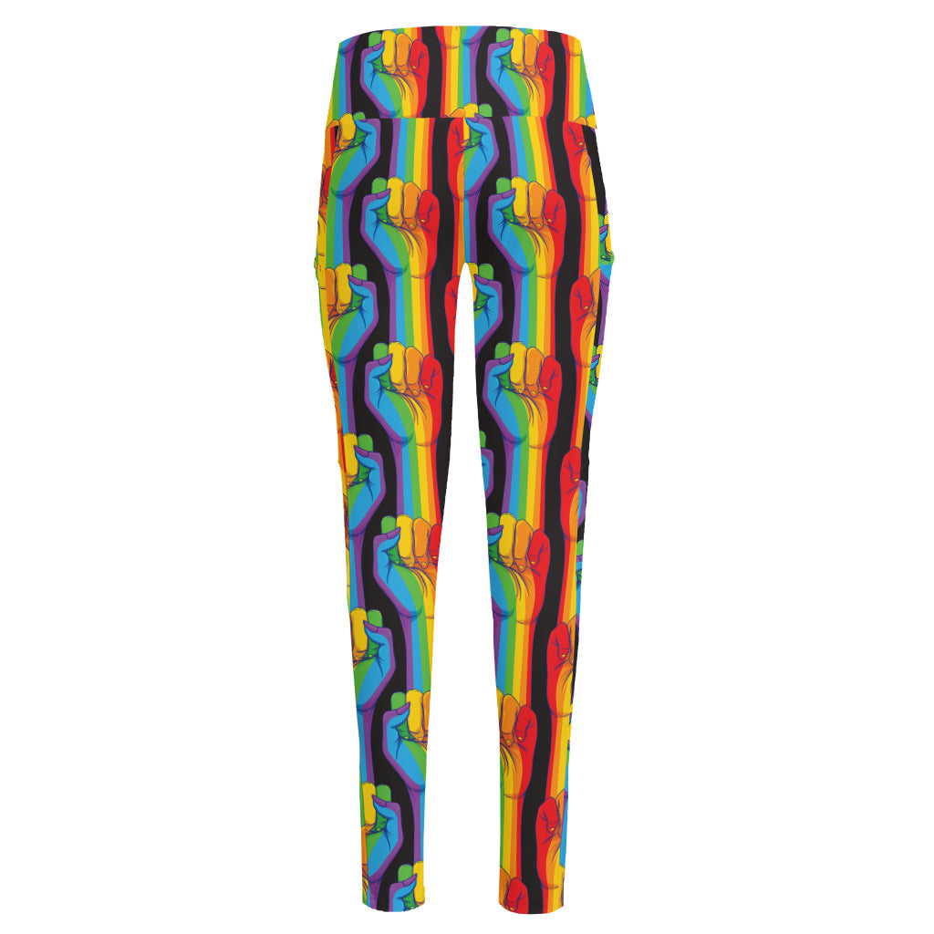 Gay Pride Hand Sign Pattern Print High-Waisted Pocket Leggings