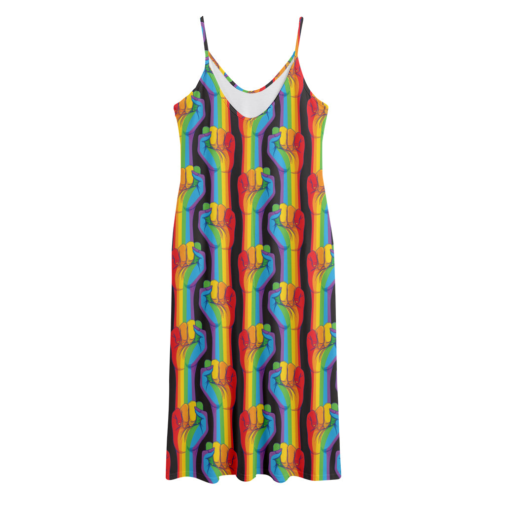 Gay Pride Hand Sign Pattern Print Jersey Midi Cami Dress