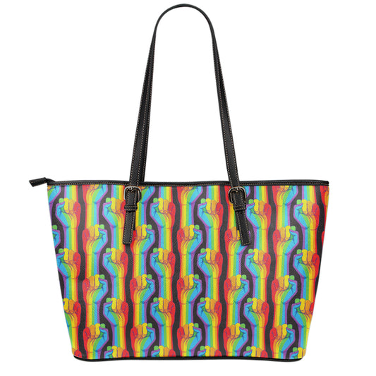 Gay Pride Hand Sign Pattern Print Leather Tote Bag