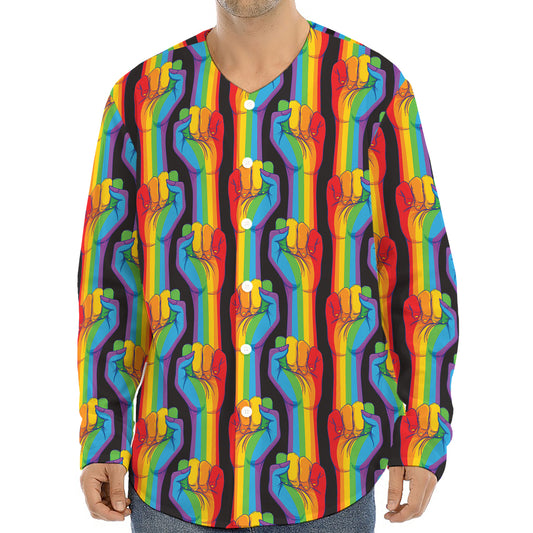 Gay Pride Hand Sign Pattern Print Long Sleeve Baseball Jersey