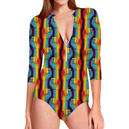 Gay Pride Hand Sign Pattern Print Long Sleeve Swimsuit