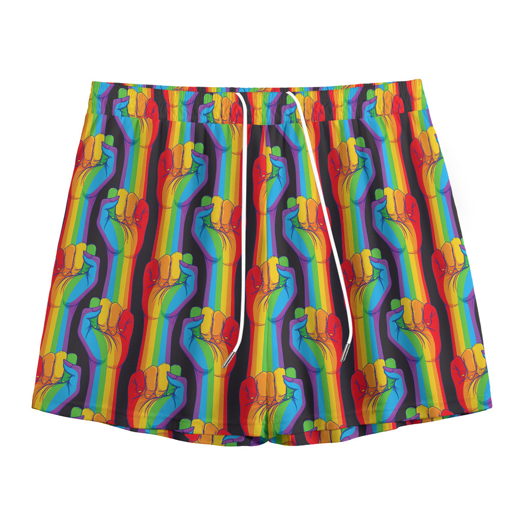 Gay Pride Hand Sign Pattern Print Mesh Shorts