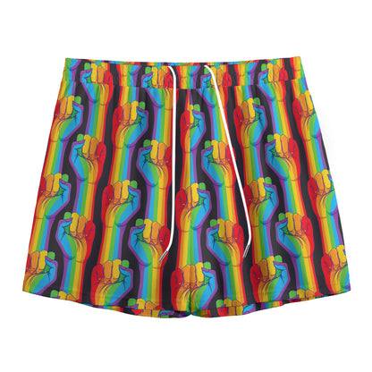 Gay Pride Hand Sign Pattern Print Mesh Shorts