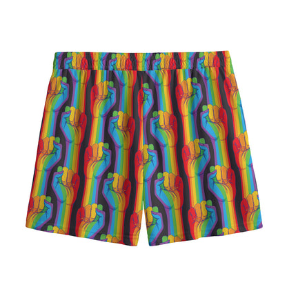 Gay Pride Hand Sign Pattern Print Mesh Shorts