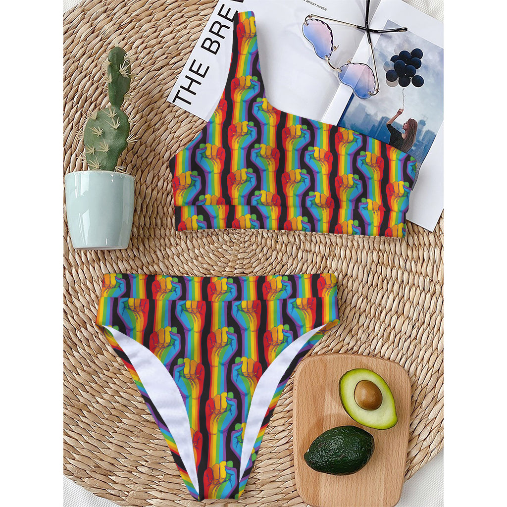 Gay Pride Hand Sign Pattern Print One Shoulder Bikini Top